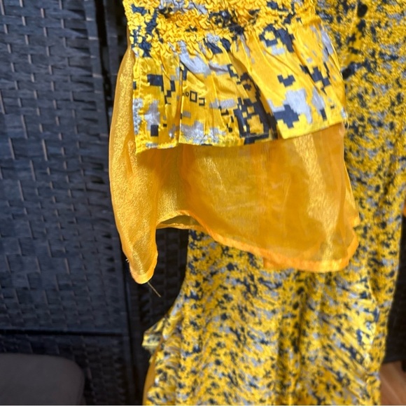 Jenny T golden yellow navy blue frilly Aline dress ruched pleats 1X - Picture 6 of 12